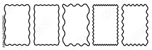 Set of colorful round and oval, rectangular and square, arch shapes with curvy edges. Cute geometric forms with scalloped borders. Empty textboxes, stickers, tags or labels. Vector flat illustration