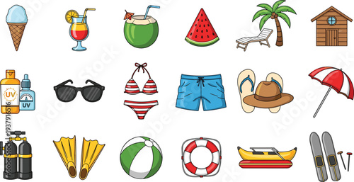 Summer Vacation Vector Set with Ice Cream, Drinks, Sunglasses, Beach Ball, Flip Flops, and Swimming Gear for Holiday FunSummer Vacation Vector Set 