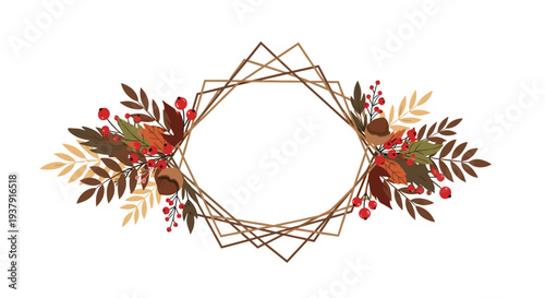 Elegant geometric gold frame is beautifully adorned with a collection of autumn leaves, bright red berries, and acorns.