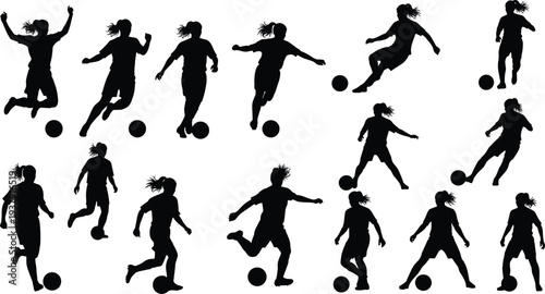 Female soccer player silhouettes set with woman football athletes playing kicking ball and running isolated on white background for sports competition and active lifestyle fitness.