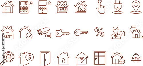 Real Estate Icons Vector Set with Property Sale, Rent, Keys, House Search, and Home SecurityReal Estate Icons Vector Set with Property Sale, Rent, Keys, House Search, and Home Security