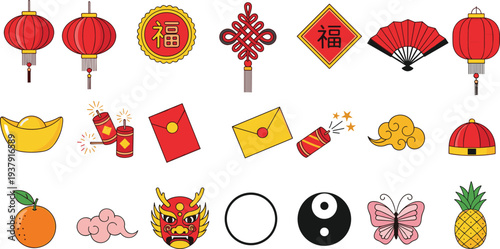Chinese New Year Festival Vector Set Featuring Lanterns, Pineapple, Firecrackers, Cloud, Orange, Dragon, and Yin Yang Symbols for Celebrations and TraditionsChinese New Year Festival Vector Set 