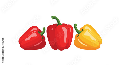 Trio of fresh and vibrant bell peppers including two red and one yellow pepper are arranged on a clean white background.