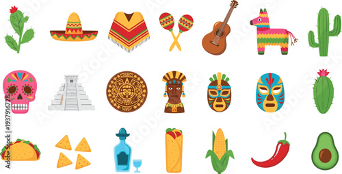 Mexican Culture Vector Set with Sombrero, Tacos, Maracas, Cactus, Piñata, and Traditional SymbolsMexican Culture Vector Set with Sombrero, Tacos, Maracas, Cactus, Piñata, and Traditional Symbols