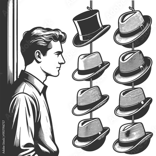 man looking at a rack of different hats, symbolizing choice, personal style, fashion decisions, and identity sketch engraving generative ai vector illustration. Scratch board. Black and white image.