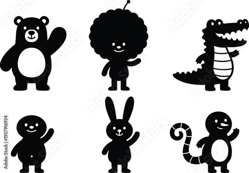 Cartoon animal silhouettes featuring bear, rabbit, crocodile, lizard, humanoid figure, and afro character for playful design illustration reference