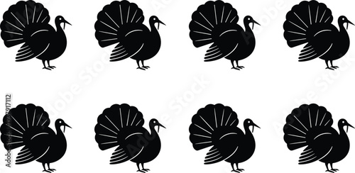 Pattern of turkey silhouettes arranged in rows with fan-shaped tails for wildlife, Thanksgiving, autumn design, and illustration reference