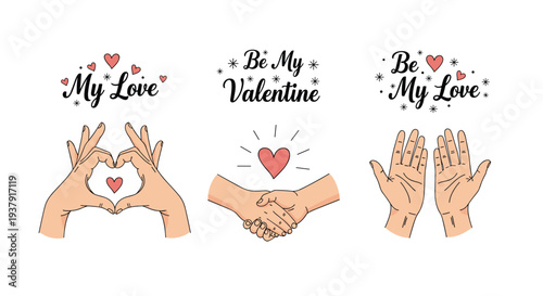 Romantic collection of illustrations features hands forming hearts, handshakes, and open palms with sweet Valentine's Day messages.