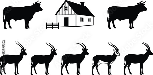 Silhouettes of cows, farmhouse, fence, and antelopes arranged in rows for rural farm, wildlife, and illustration design reference