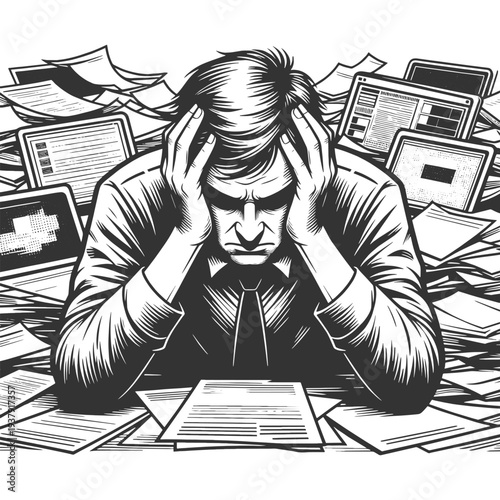 overwhelmed office worker surrounded by paperwork and computer screens, information overload, burnout, and work stress sketch engraving generative ai vector illustration. Black and white image.