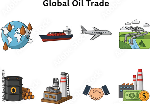 Illustration depicting global oil trade It features Earth ship airplane pipeline barrel factory handshake and currency