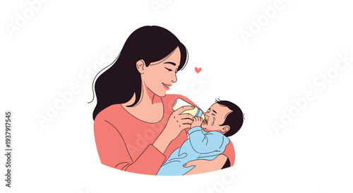 Loving mother is shown holding her crying baby while gently feeding them with a milk bottle in a heartwarming family illustration.