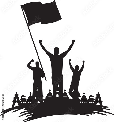 A group of people celebrating victory with a flag on a hill