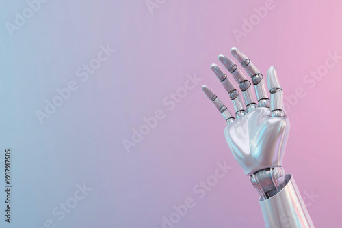 Futuristic Robotic Hand Gesture with Soft Pink and Blue Background