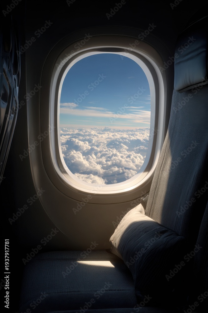 Fototapeta premium Calm cabin scene: soft light through a jet window to a blue sky