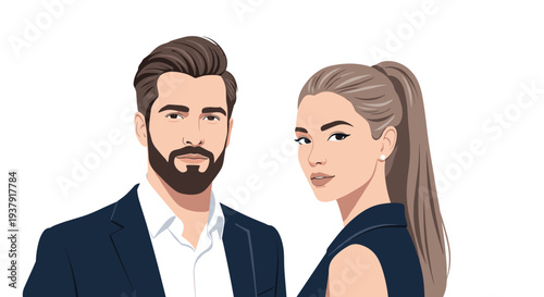 Professional portrait shows a modern man and woman dressed in stylish business attire against a clean white background.