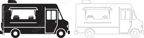 Black and white outline food truck silhouette