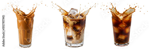 Foto Dynamic splashes of cold brew and iced latte in clear glasses, refreshing summer drinks on transparent background