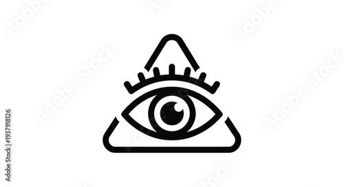 Ancient symbol representing the all seeing eye of providence is depicted as a bold black line icon inside a geometric triangle shape.