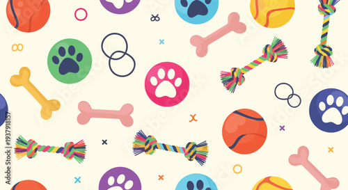 Colorful seamless pattern features various pet accessories including balls bones ropes and paw prints for dogs and cats on a cream base.