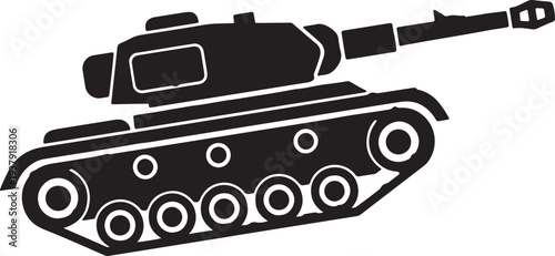A black silhouette of a military tank on a white background