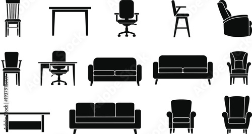 Black Silhouette Furniture Icon Set Featuring Modern Sofas Tables Office Chairs Armchairs and Home Interior Design Elements for Minimalist Vector Graphics