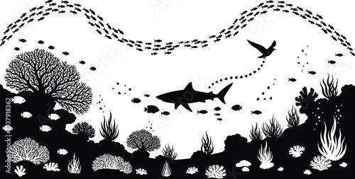 Black Silhouette Vector of Underwater Coral Reef With Shark Tropical Fish Sea Anemones And Marine Life For Nature Ocean Design Elements