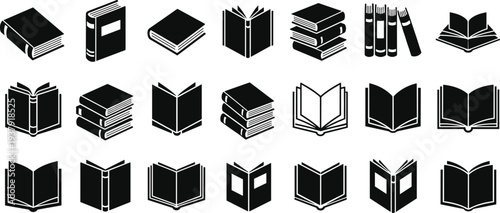 Black Silhouette Vector Set of Open and Closed Books Stacked Textbooks and Literature Icons for Library Education and Reading Design
