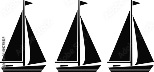 Black Silhouette Vector Set of Three Classic Sailboats and Sailing Yachts for Marine Travel Nautical Theme and Ocean Navigation Design
