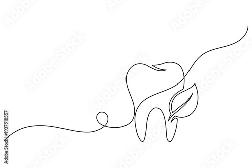Eco Dental Care Logo Tooth with Leaf Continuous One Line Art Drawing Nature Dentistry Clinic Vector