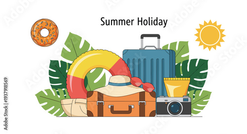 Summer holiday concept is illustrated with travel essentials like a suitcase a hat a camera an inner tube and tropical monstera leaves.