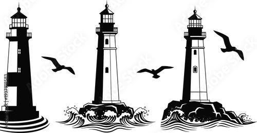 Black Silhouette Vector Set of Coastal Lighthouses on Rocky Cliffs with Soaring Seagulls and Crashing Ocean Waves for Marine Design