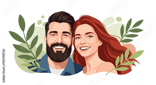 Happy young man and woman look directly at the camera with bright smiles surrounded by lush green leaves and soft abstract background shapes.