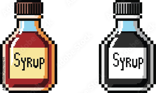 Two pixel art bottles of syrup, one red and one black, with labels.