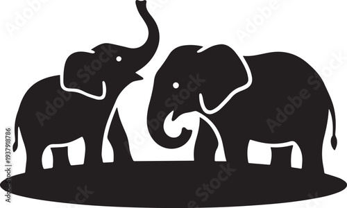 A black silhouette of two elephants on a transparent background