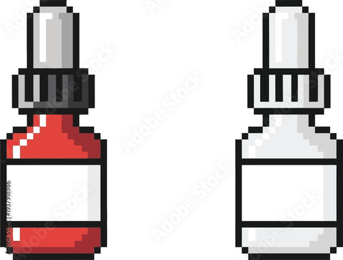 Pixel art illustration of two dropper bottles, one red and one white, with blank labels and caps, on a white background.