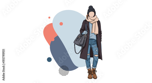 Stylish young woman wearing a long coat, scarf, beanie, and ripped jeans in a fashionable winter outfit against abstract shapes.