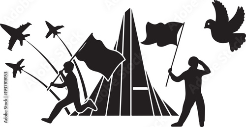 A black and white illustration of people celebrating with flags and airplanes