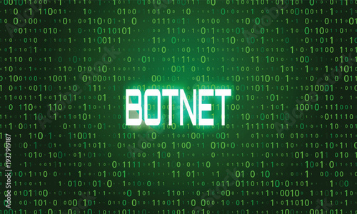 Glowing BOTNET text on a green binary code background illustrating a critical cyber security threat and digital network vector illustration