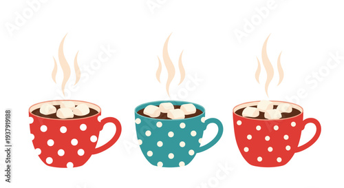Cozy illustration of three polka dot mugs filled with hot chocolate and marshmallows with steam rising on a white background.