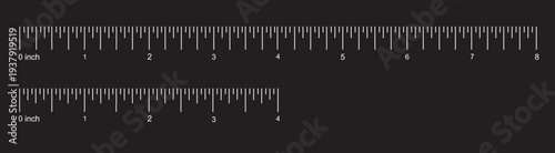 Measuring chart, ruler scale with 4 and 8 inches set. Length measurement distance, height, math. Sewing tool with four and eight inch templat