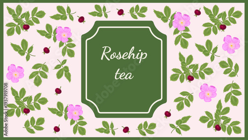 Rosehip tea banner with floral herbs and elegant frame. Botanical template for packaging, labels, wellness branding and natural product designs.
