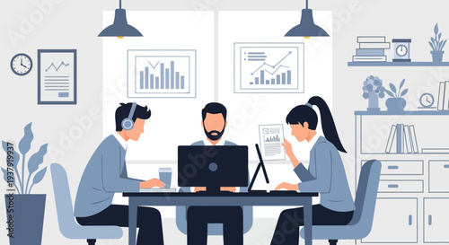 Three Colleagues Working Together at Office Desk.