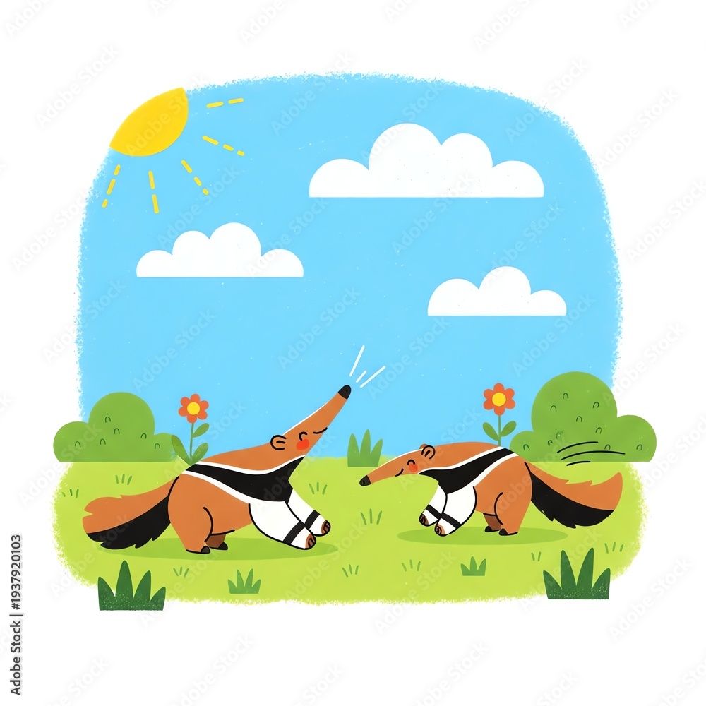 Obraz premium Cute Anteaters Playing in a Sunny Meadow.
