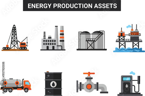 Image of energy production assets drill factory storage tanks oil rig tanker truck oil barrel valve gas pump