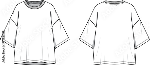 Oversized drop shoulder t-shirt vector technical sketch front and back view blank streetwear boxy tee fashion apparel template design mockup