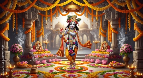 Vibrant Hindu Temple Deity Dance Under Floral Garlands.