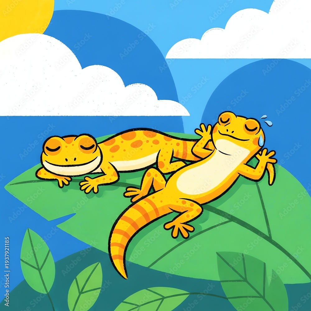 Obraz premium Cute Cartoon Geckos Resting on Leaves Under a Sunny Sky.