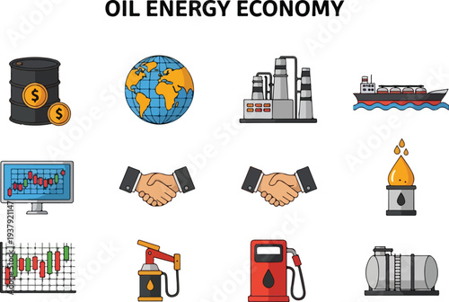 Image with icons related to oil including a globe a ship and graphs
