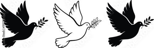Peace dove with olive branch silhouette and line art vector illustration for religious and global harmony concepts by flavector